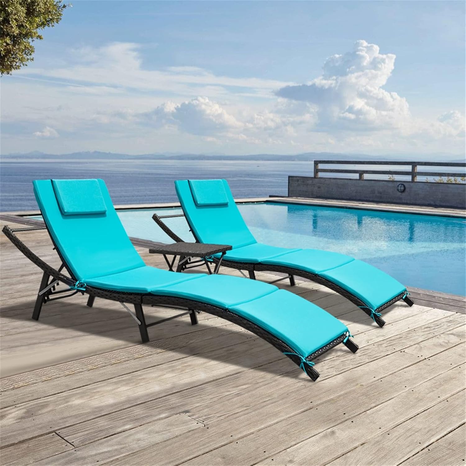 Outdoor Furniture Lounge Set - 3PCS Patio Wicker Adjustable Chaise Lounge